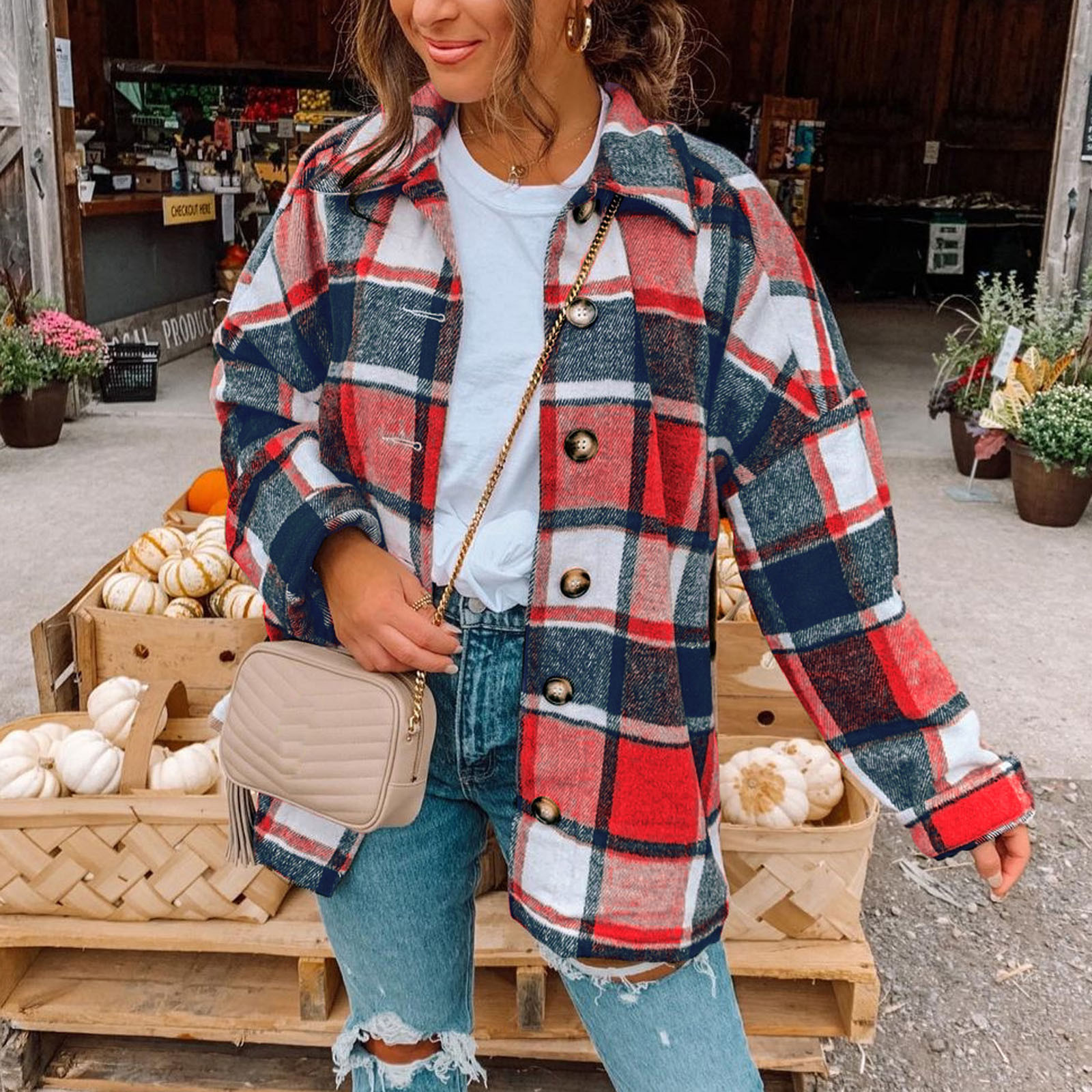 Christmas Clearance Women Plaid Printing Cardigan Jacket Autumn Outdoor Plus Size Outwear Shirts Outwear